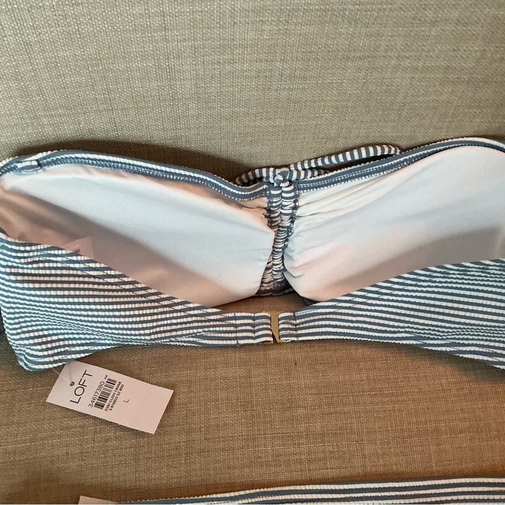 NWT LOFT Bikini Top and Bottom. Blue Striped Seersucker Two Piece. Large - Picture 3 of 6